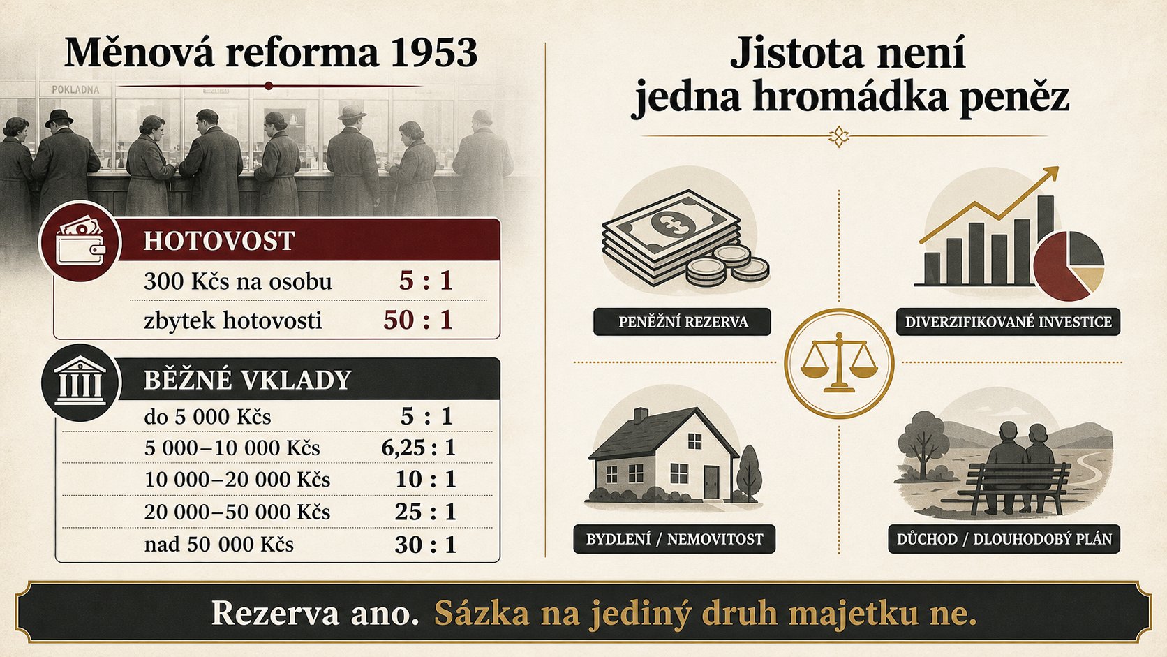 Historicky laděná infografika ukazuje směnné poměry při měnové reformě v roce 1953 a význam rozložení majetku.