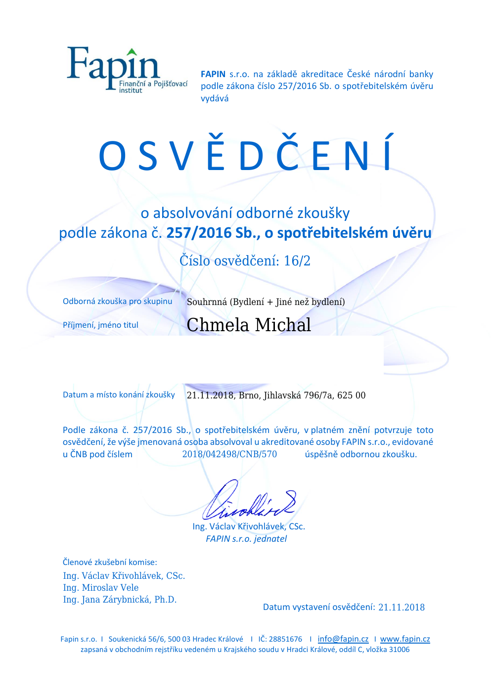 Anonymizované osvědčení pro oblast: Spotřebitelské úvěry
